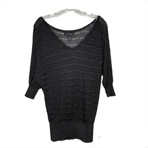 Women's White House Black Market V Neck Short Sleeve Open Knit Sweater Black XS